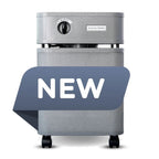 Gray air purifier machine with a blue 'NEW' label on a white background