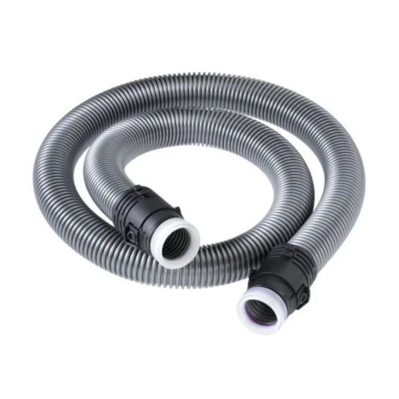 Gray vacuum hose with black and white connectors on a white background