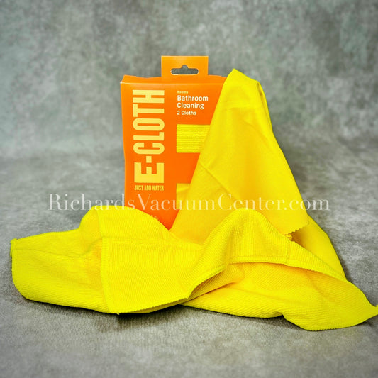 A yellow microfiber bathroom cleaning cloth with a packaging that reads 'E-CLOTH Bathroom Cleaning 2 Cloths' on a grey background.