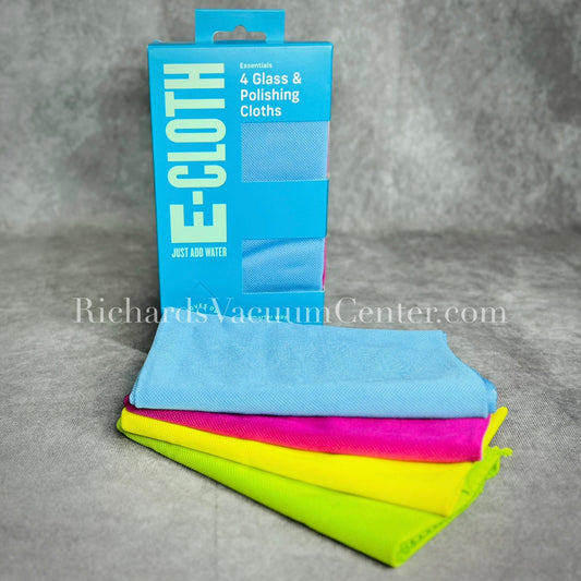 A package of E-Cloth glass and polishing cloths in blue, pink, yellow, and green colors displayed on a neutral background.
