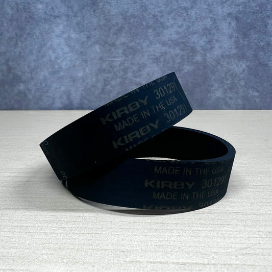 Kirby vacuum belts with part number 301291 and made in the USA written on them.
