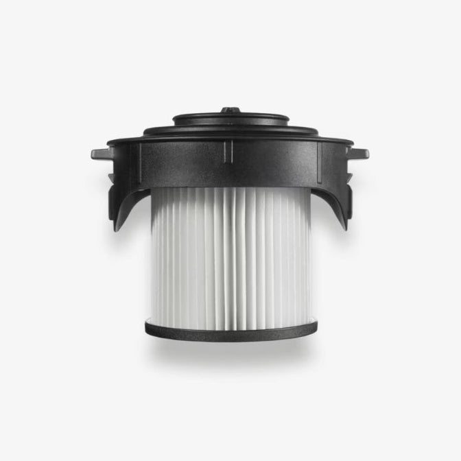 Vacuum filter cartridge with black top and white pleated filter on a light gray background
