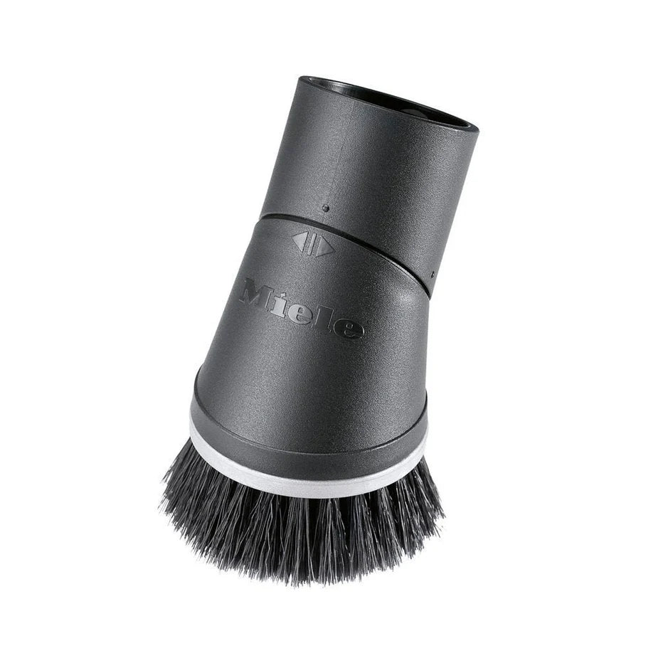 A black Miele dusting brush with soft bristles and a swivel joint for vacuum cleaners.