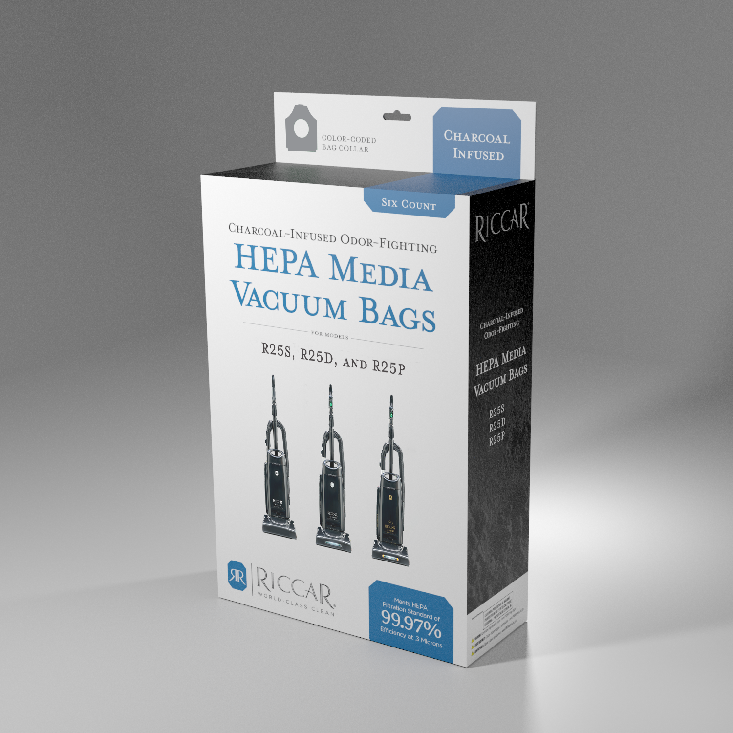 Box of Riccar R25 and R27 HEPA media vacuum bags on a gray background