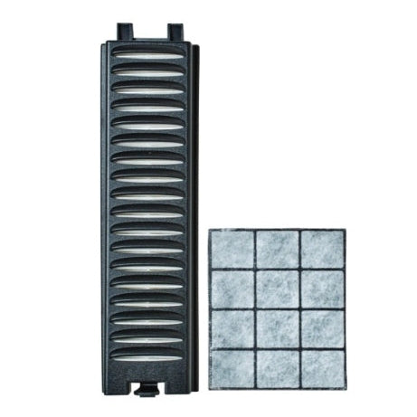 HEPA filter and granulated charcoal filter pictured on white background.