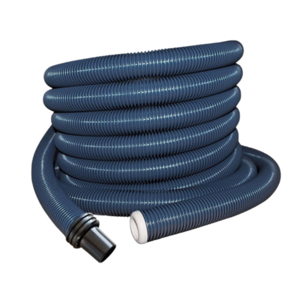 Coiled blue hose with black and white ends on a white background