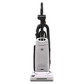 White vacuum cleaner with black attachments on a white background