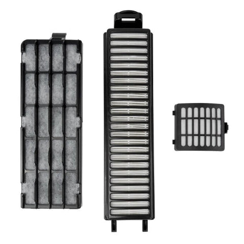 Set of three air filter components on a white background