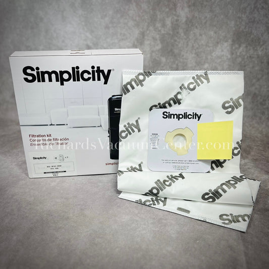 A pack of Simplicity central vacuum bags displayed alongside their packaging, which is also branded with the name Simplicity.