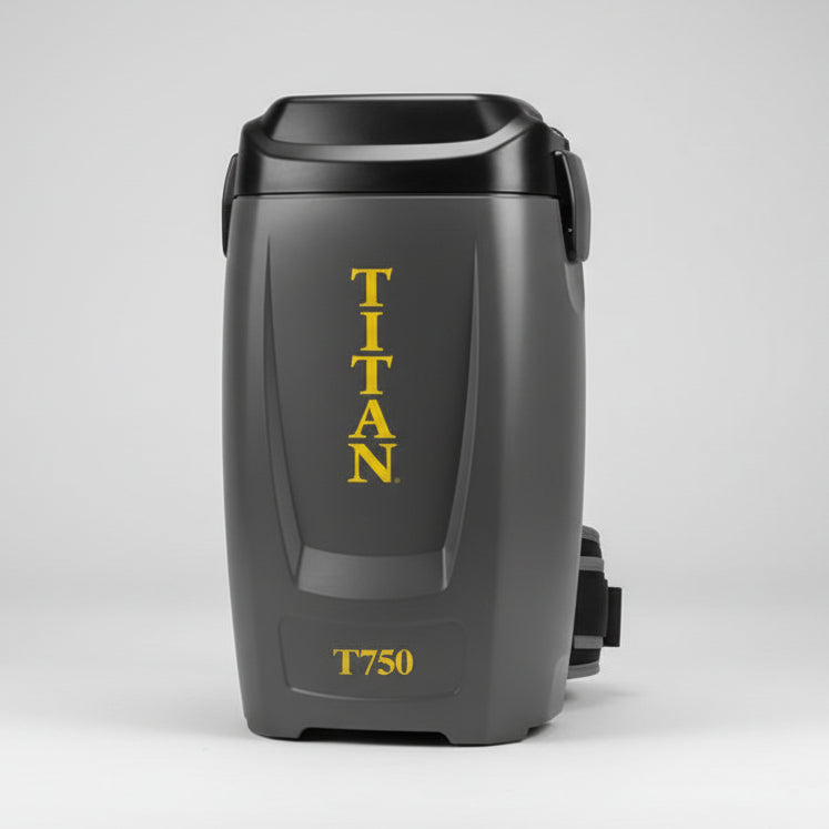 Backpack vacuum cleaner on a white background, featuring the brand 'Titan'.